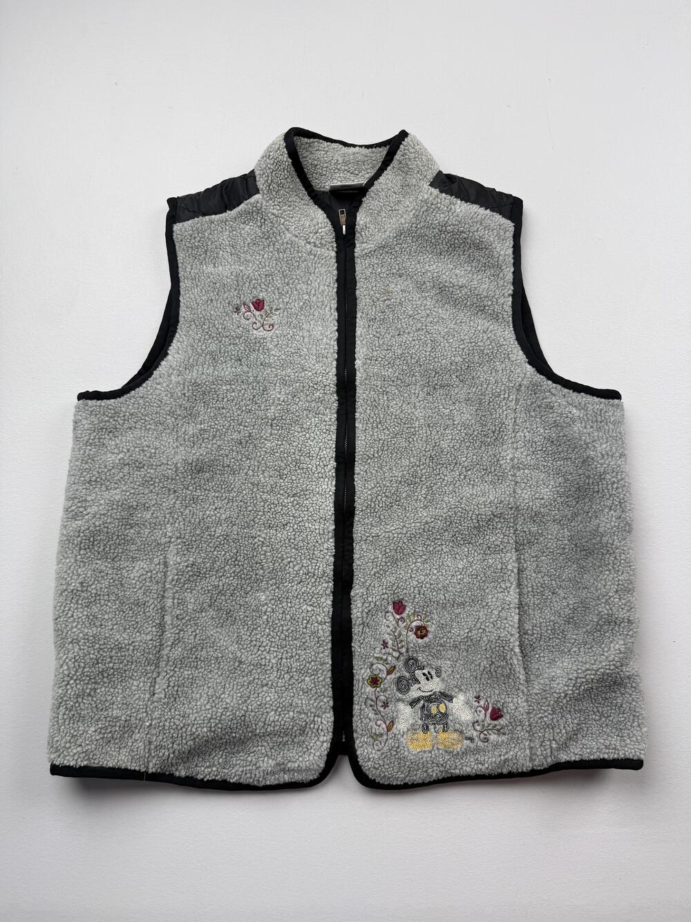 The Disney Store Vest Womens Size Gray Sherpa Fleece Mickey Floral Zip Read
